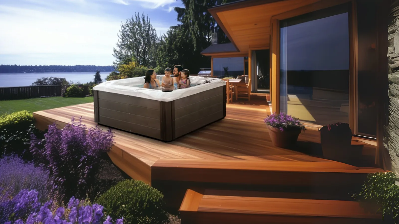 Family in a Coast Spas hot tub on a cedar deck overlooking the water