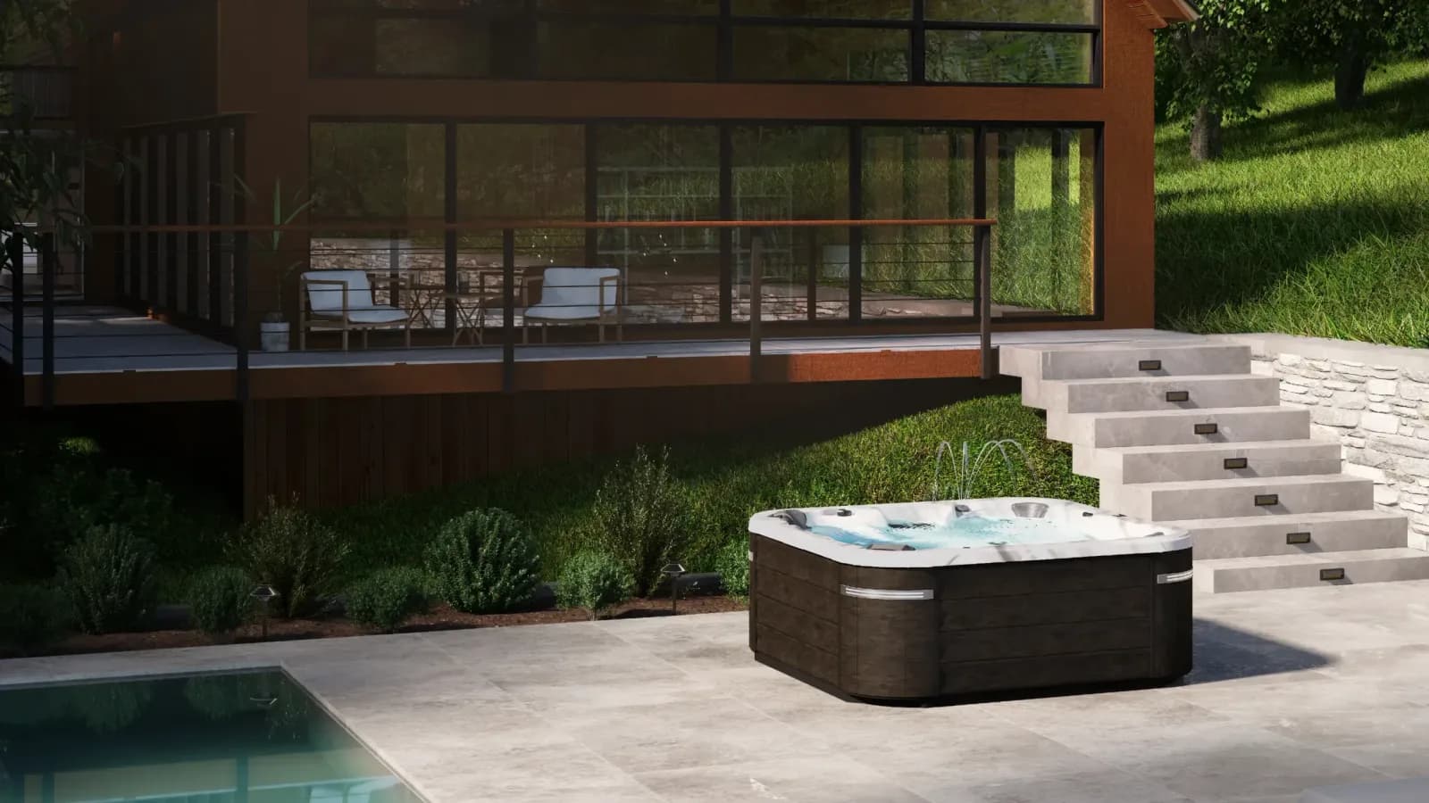 Dimension One Nautilus hot tub with a Moonstone shell and Chestnut cabinet on a large patio in summer