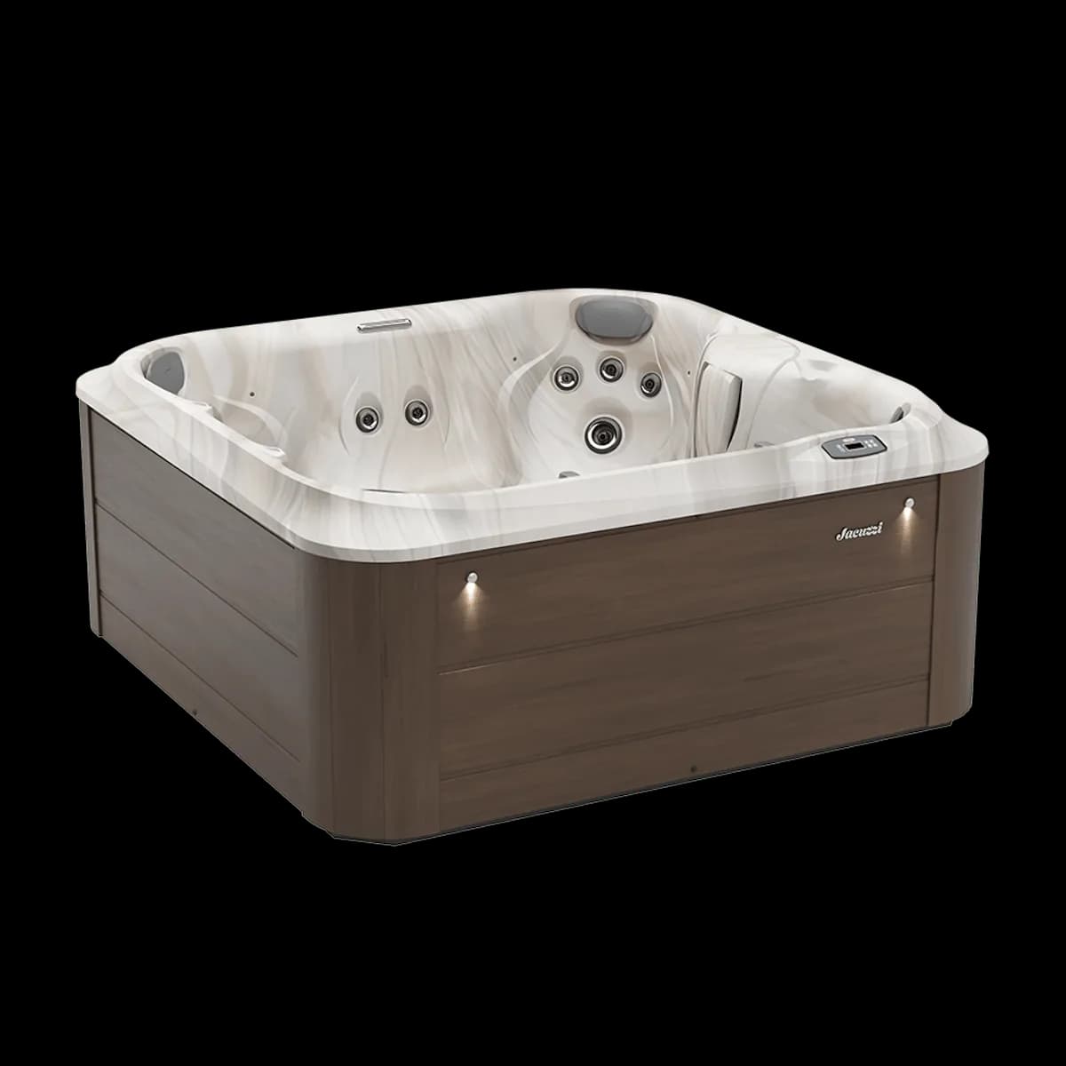 Jacuzzi J-245 hot tub product view in Canyon shell with Pecan cabinet