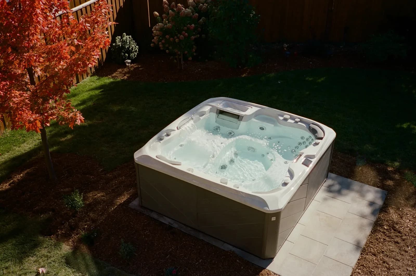 Sundance 880 Series Cameo hot tub with waterfall running, installed in a landscaped backyard