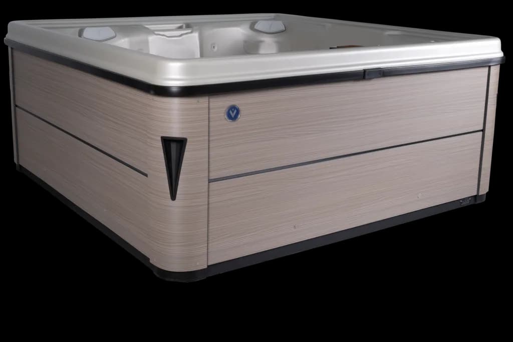 Viking Spas Apex hot tub side view, Opal shell with Stone cabinet