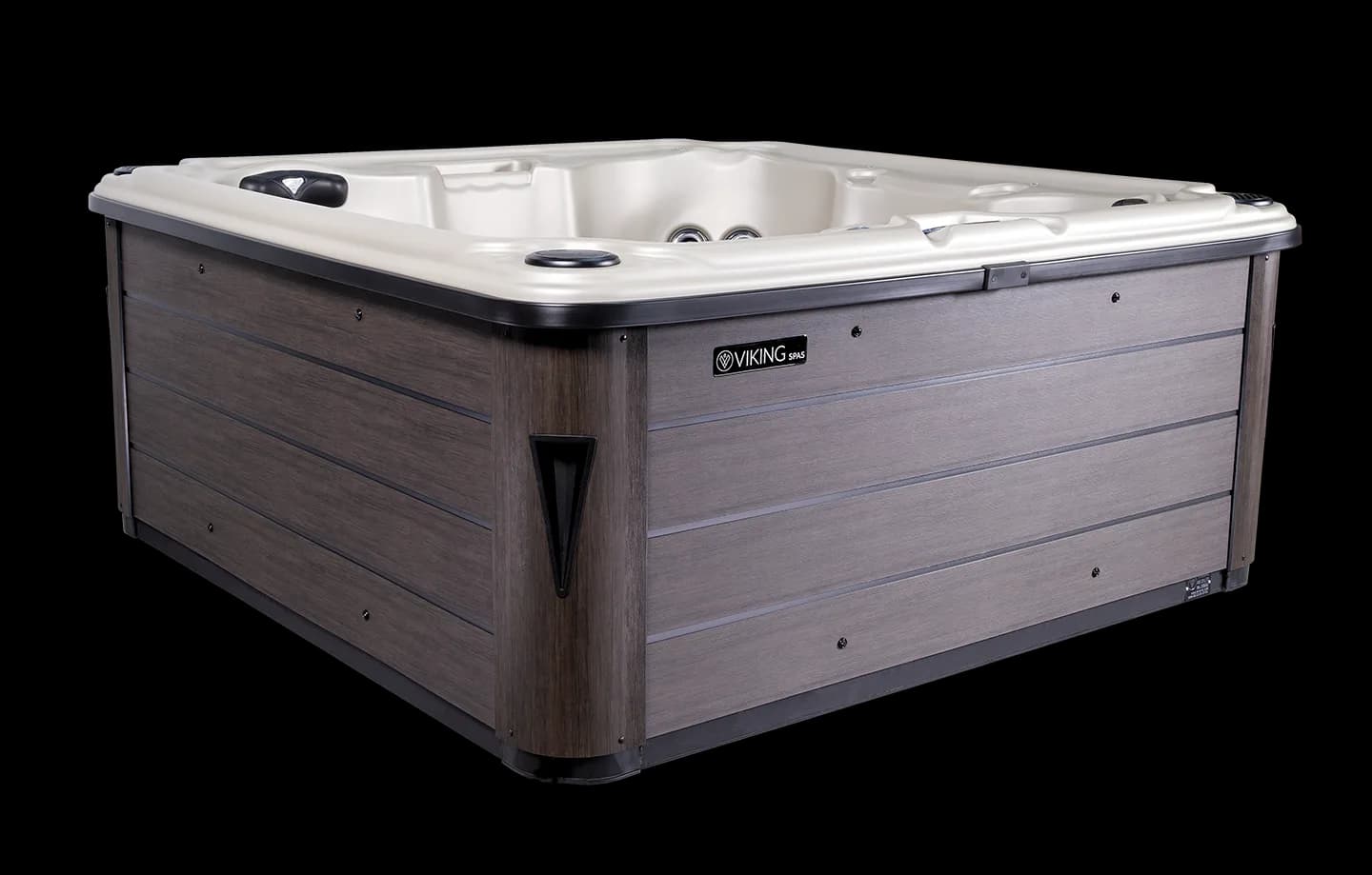Viking Spas Royale hot tub side view, Opal shell with Walnut cabinet