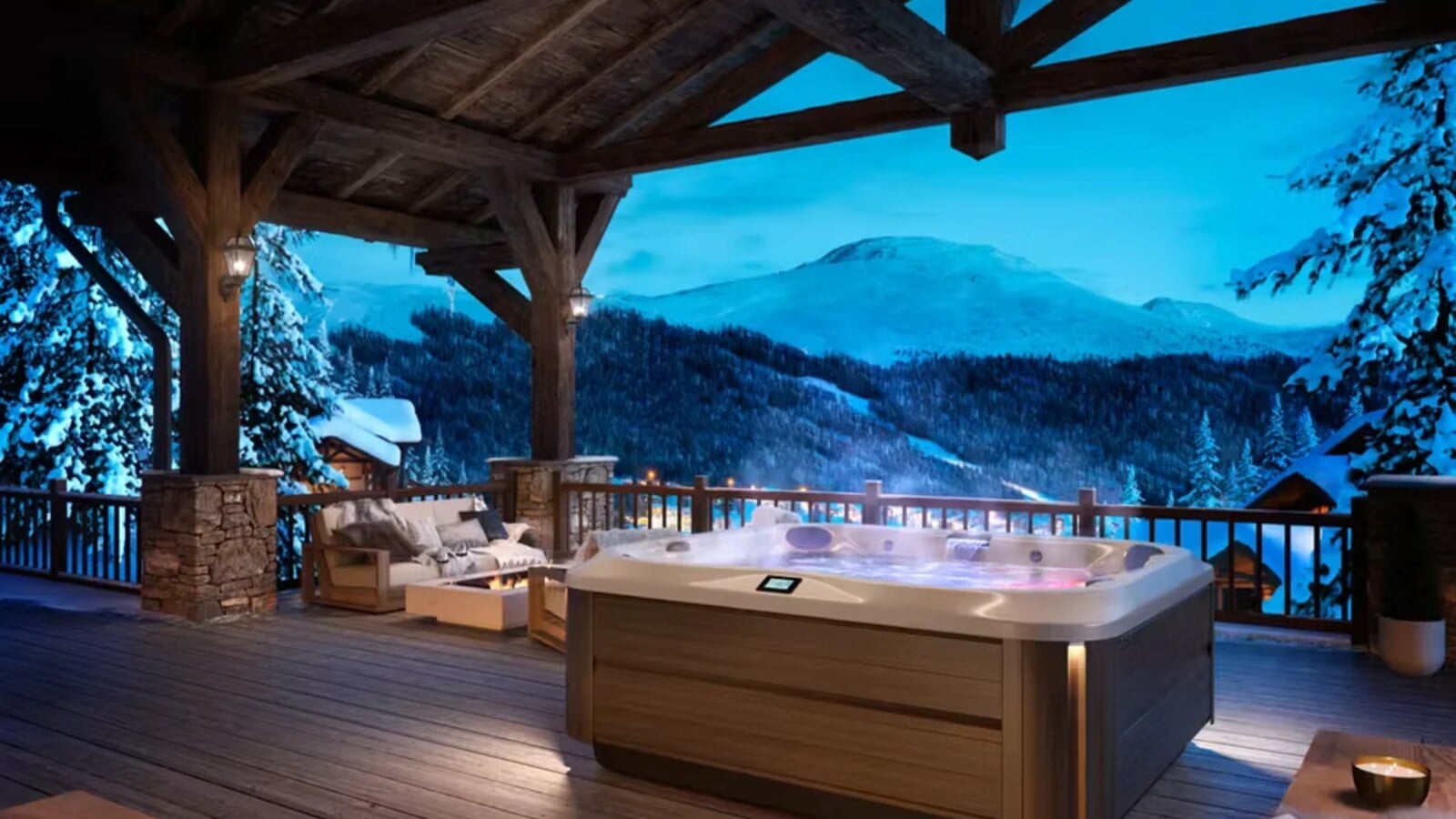Steam rising from an outdoor hot tub at dusk